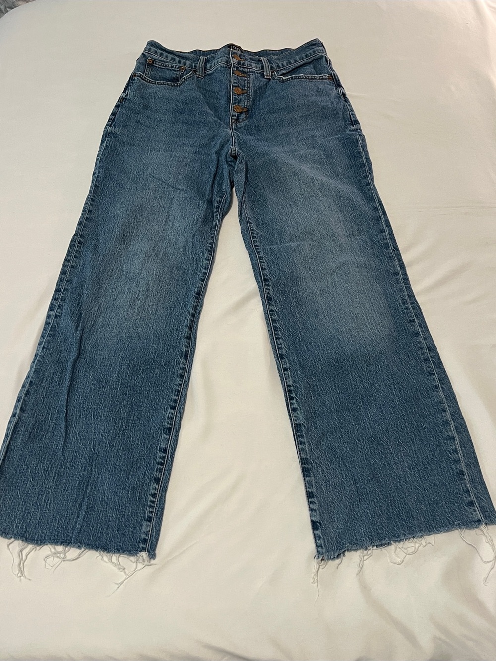 J Crew Factory Full Length Wide Leg (Self-Cut) Raw Hem Exposed Button Fly Jeans